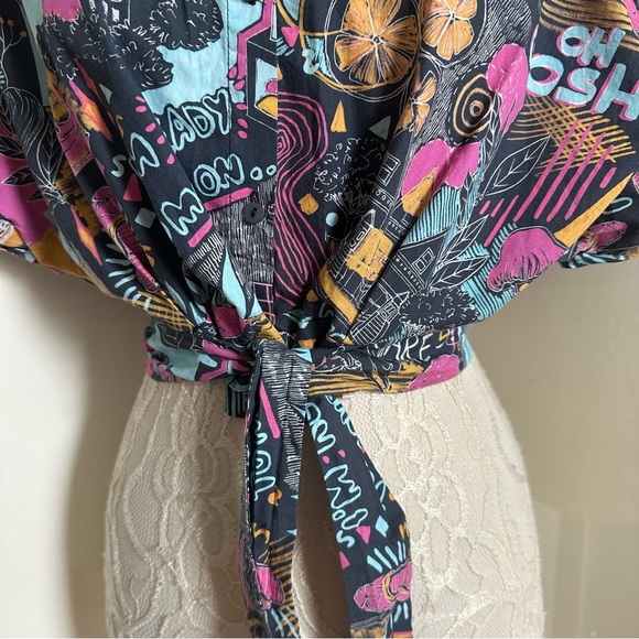 Zara Cropped Tie Front Graphic Button Down Shirt sz S - Picture 4 of 9